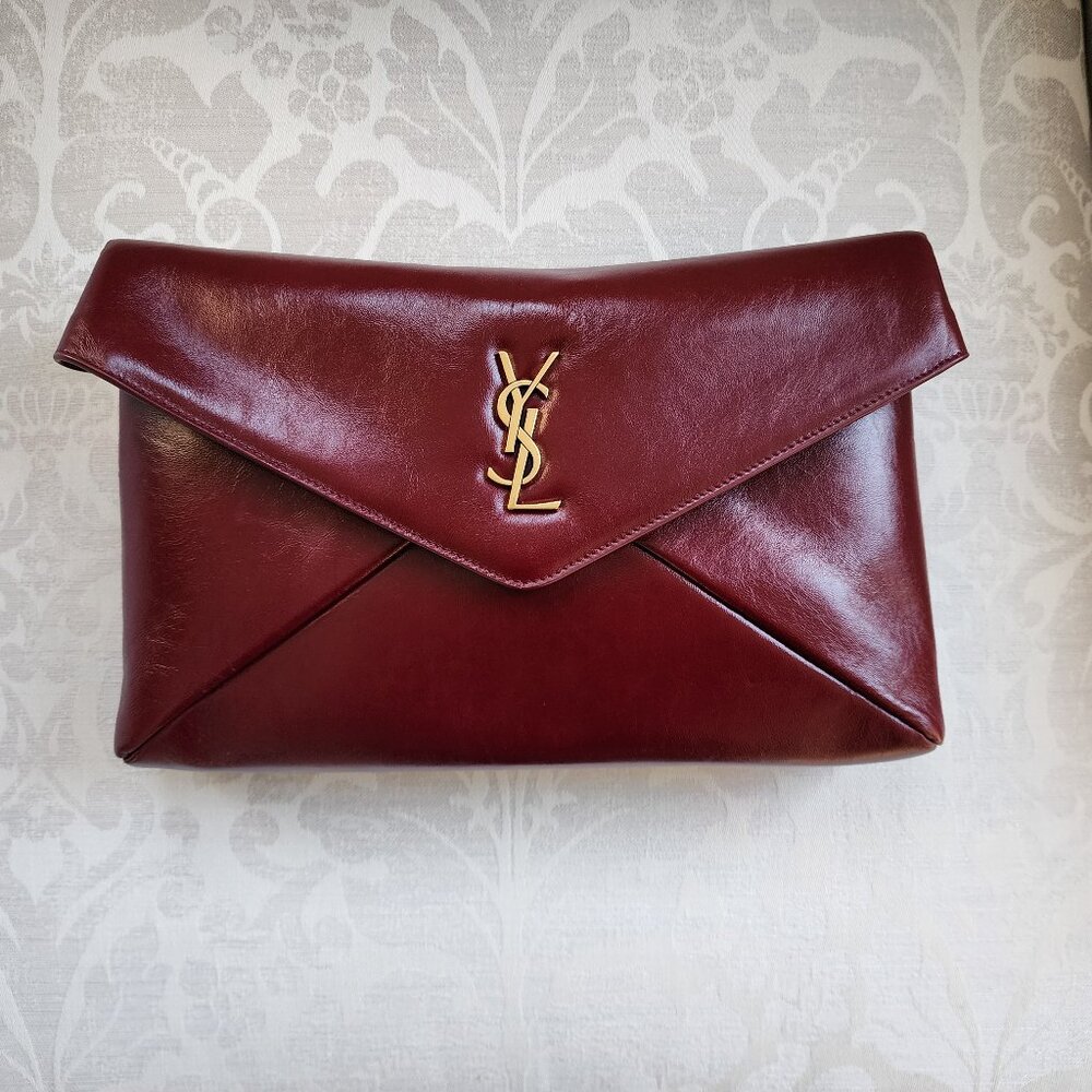 SAINT LAURENT Cassandre Large Envelope Pouch in Shiny Leather Dark Ruby